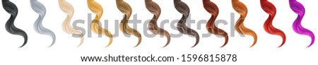Collection various colors of hair on white background, isolated. Long wavy ponytail
