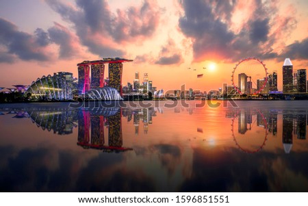 sunset panorama view skyline  Celebrate national day 2019 of Singapore view from garden by the bay in Singapore city, Downtown of Singapore is office buildings and business bank financial 