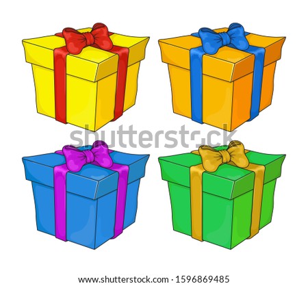 Set of colorful gift boxes with fashionable ribbons and bows isolated. green, blue, orange, yellow, present box. Decorative stylish wrap for presents package. Vector Gifts collection web icon sign 