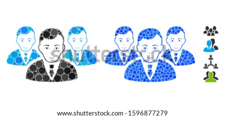 Manager group mosaic of small circles in different sizes and color hues, based on manager group icon. Vector small circles are organized into blue illustration.