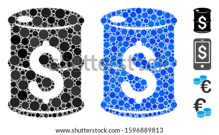 Oil barrel price mosaic of small circles in various sizes and shades, based on oil barrel price icon. Vector small circles are grouped into blue collage.