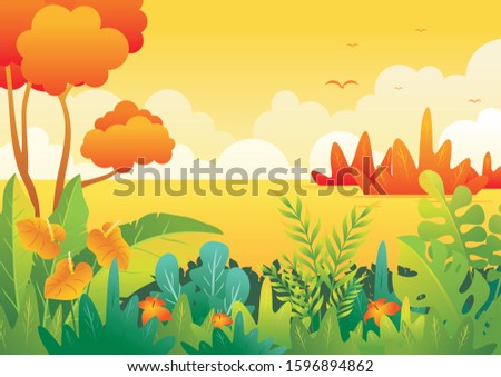 Tropical nature background vector, with space for place your text and beautiful of a jungle landscape such us leaves and foliage of tropical plants, trees and grass. 
