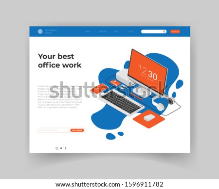 Isometric vector art creative office, workplace. Landing page