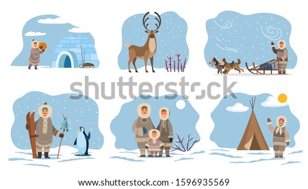 Collection of eskimos people by home made of ice. Igloo and inuit, male character with fish on stick and penguin. Deer with long horns, animal of north. Man with dogs on sleds, vector in flat Royalty-Free Stock Photo #1596935569