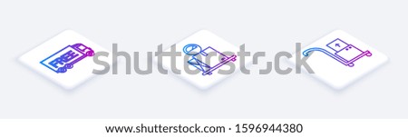 Set Isometric line Free delivery service , Scale with cardboard box  and Hand truck and boxes . White square button. Vector