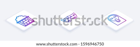 Set Isometric line Popcorn in cardboard box , Comedy and tragedy theatrical masks  and Funny and scary ghost mask. White square button. Vector
