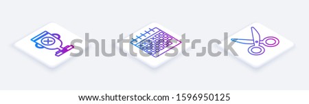 Set Isometric line Award cup, Calendar and Scissors. White square button. Vector