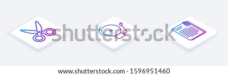 Set Isometric line Scissors, Ringing alarm bell and File document and paper clip. White square button. Vector
