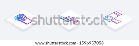 Set Isometric line Electrical hair clipper or shaver, Barbershop chair and Hair dryer. White square button. Vector