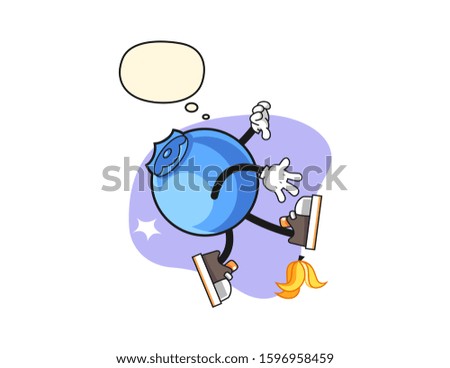Blueberry slip on banana peel with thought bubble cartoon. Mascot Character vector.