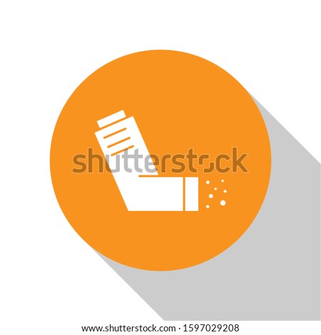 White Inhaler icon isolated on white background. Breather for cough relief, inhalation, allergic patient. Medical allergy asthma inhaler spray. Orange circle button. Vector Illustration