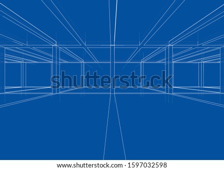 Drawing or sketch of a house under construction. Construction site. Main line, back contour and auxiliary lines. Vector made from 3d.