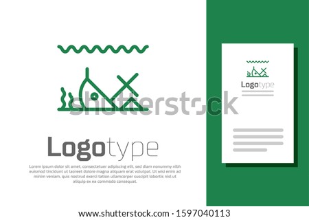 Green line Sunken ship at the bottom of the sea icon isolated on white background. Logo design template element. Vector Illustration