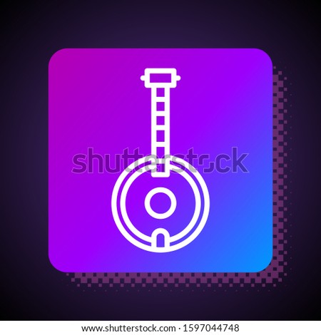 White line Banjo icon isolated on black background. Musical instrument. Square color button. Vector Illustration