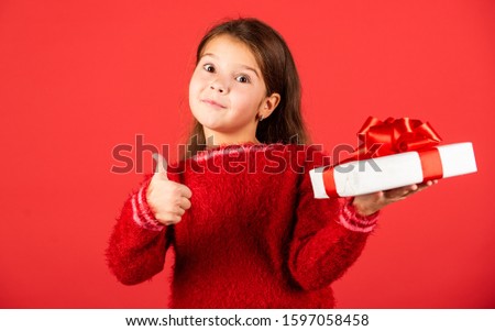 seasonal shopping discount. small girl perfect santa present. big christmas sale. child hold gift box. boxing day concept. all i dream about. happy new year. winter holiday and xmas joy.