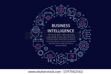 Business intelligence circle template icons. Set of machine learning, analytics, network, visualization, science and more. Vector illustrations.