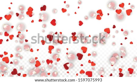Vector Realistic Petals and Hearts Confetti. Flying Rose and Hearts on Transparent Background. St. Valentine Day Background. Spring Romance Flyer. Illustration in Pink for Honeymoon Decoration.