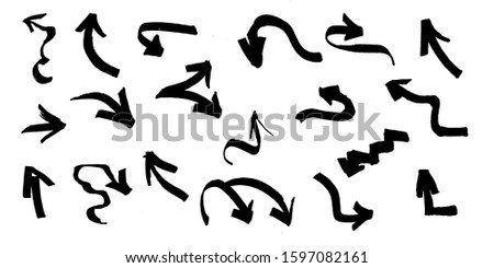 Graffiti arrows set with black brush strokes, paint traces, lines, smudges, smears, stains, scribbles isolated on white background. Vector illustration.