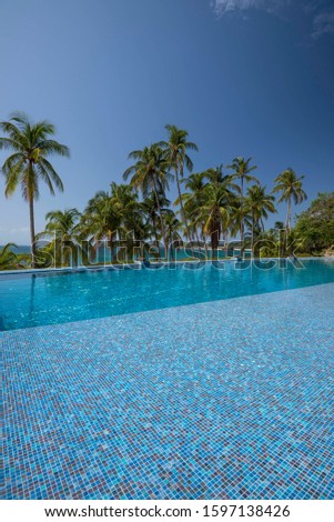 An infinity pool among palms on the beach over the Pacific Ocean, Las Perlas archipelago, Panamá, Central America
