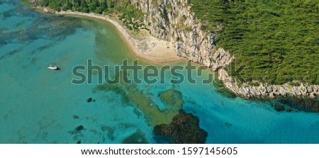 Aerial drone ultra wide panoramic photo of tropical exotic bay with turquoise clear sea