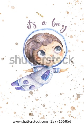 Happy Boy in blue scanfand flying in space watercolor cute cartoon illustration. Isolated clip art with stars background. Baby shower, birthday, invite card for little Dreamer