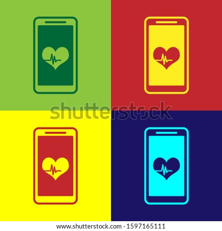 Color Smartphone with heart rate monitor function icon isolated on color backgrounds. 