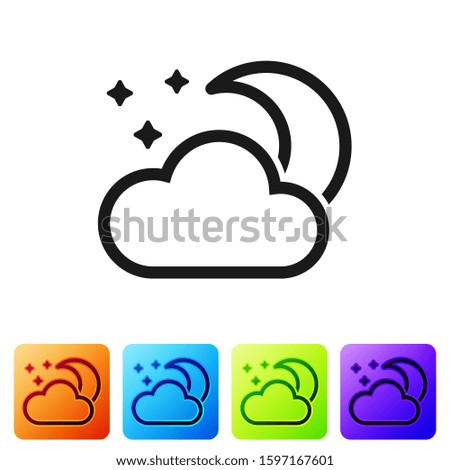 Black Cloud with moon and stars icon isolated on white background. Cloudy night sign. Sleep dreams symbol. Night or bed time sign. Set icons in color square buttons. 