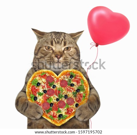 The beige cat is holding a heart shaped pizza and a red balloon. White background. Isolated.