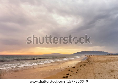 Beach in Tarifa at sunset. Tarifa, Andalusia, Spain, Europe
