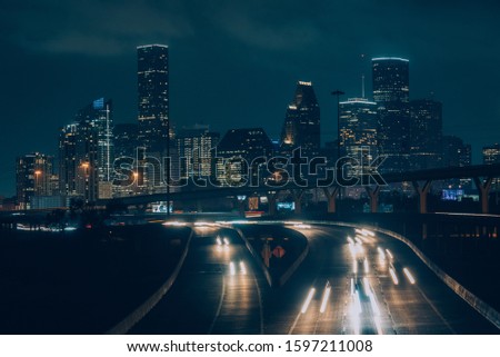Cityscape photo of the Houston skyline at night, in Houston, Texas