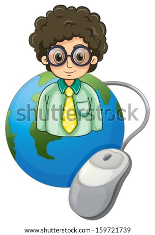 Illustration of a globe with a curly-haired man wearing an eyeglass on a white background