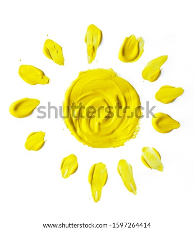 Kid's art. Yellow sun. Gouache painting.