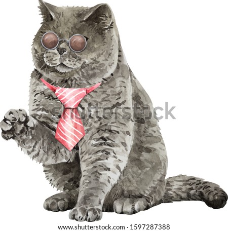 Watercolor british shorthair cat with heart shaped sunglasses and necktie layer path, clipping path isolated on white background.