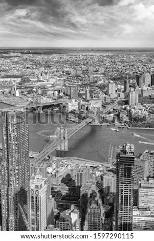 Manhattan aerial View with its bridges, Brooklyn Bridge and Manhattan Bridge.