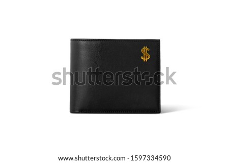 Black leather wallet with small golden dollar symbol icon isolated on white background. Cash savings concept