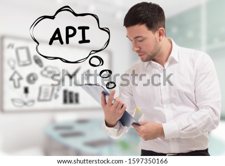 Business, technology, internet and network concept. The young businessman comes to mind the keyword: API