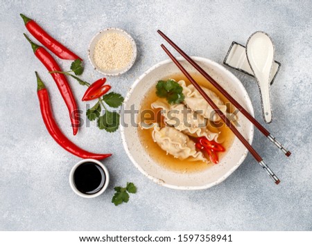 Fresh hot soup with dumplings (gedza, wontons) of chicken, pork or shrimp with soy sauce, chili pepper, cilantro and sesame seed in a white plate on a concrete surface. China, Korea, Japan dish