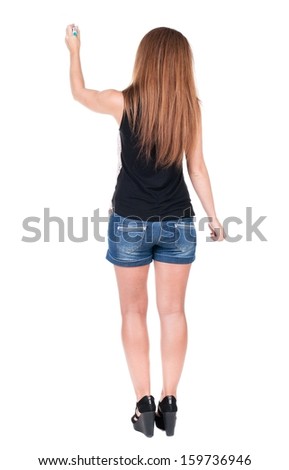 back view of writing beautiful redhead woman. Young girl in shorts draws. Rear view people collection.  backside view of person. Isolated over white background.