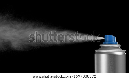 VFX plate photo of spray can with blast on black background, fountain of vaporized foam particles Royalty-Free Stock Photo #1597388392