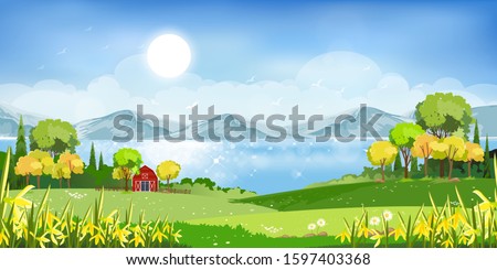 Vector illustration of beautiful morning in spring field landscape with green hills,lake,barn with blue sky and clouds,Flat cartoon style  background for spring and summer banner