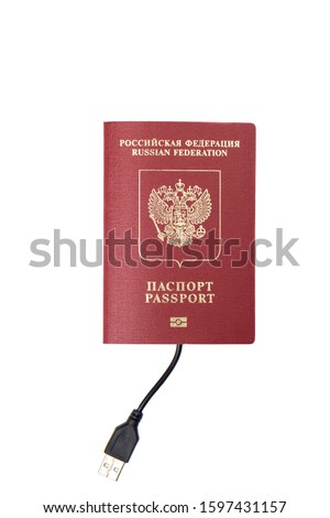 Russian passport with usb cable isolated on white background.