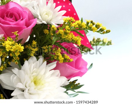 beautiful bright bouquet of flowers as background. pink rose, white chrysanthemum, yellow Solidago, pink ribbon. close-up with blurred background. as a compliment