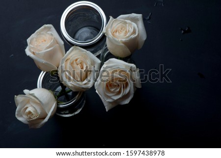 Roses. Flowers. Beautiful collection of White Roses. White roses in a mason jar or on the background. Ideal for wedding or marriage save the date greeting card or valentines day or mother’s day card. 