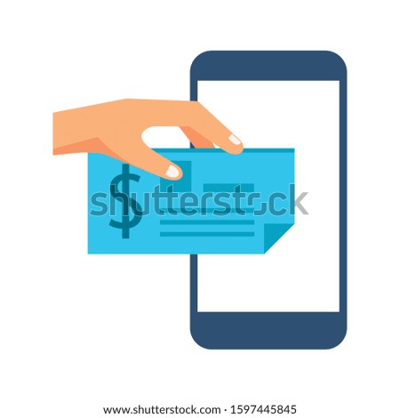 hand with check banknote paper and smartphone vector illustration design