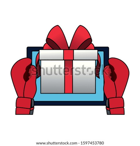 boxing gloves with tablet and gift box icon over white background, vector illustration