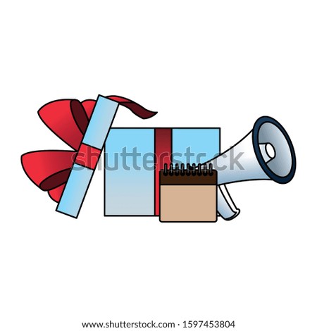 opened gift box with megaphone and calendar over white background, vector illustration