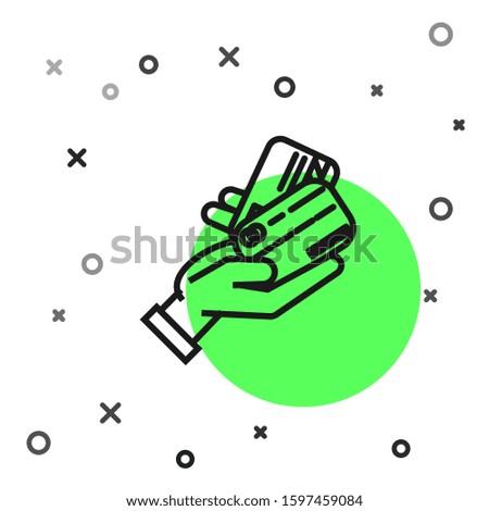 Black line Human hand holding with credit card icon isolated on white background. Online payment. Pay by card. Financial operations.  