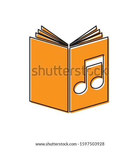 Orange Audio book icon isolated on white background. Musical note with book. Audio guide sign. Online learning concept.  