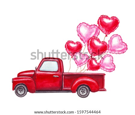 Watercolor Valentines day hand drawn illustration of red retro car with red and pink heart shaped balloons. Isolated on white