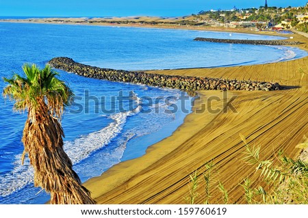 a view of Playa del Ingles beach in Maspalomas, Gran Canaria, Canary Islands, Spain Royalty-Free Stock Photo #159760619